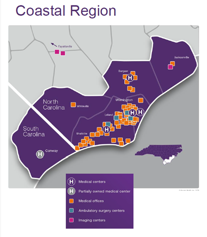 Map of Coastal Carolina Region displaying Novant Health Centers
