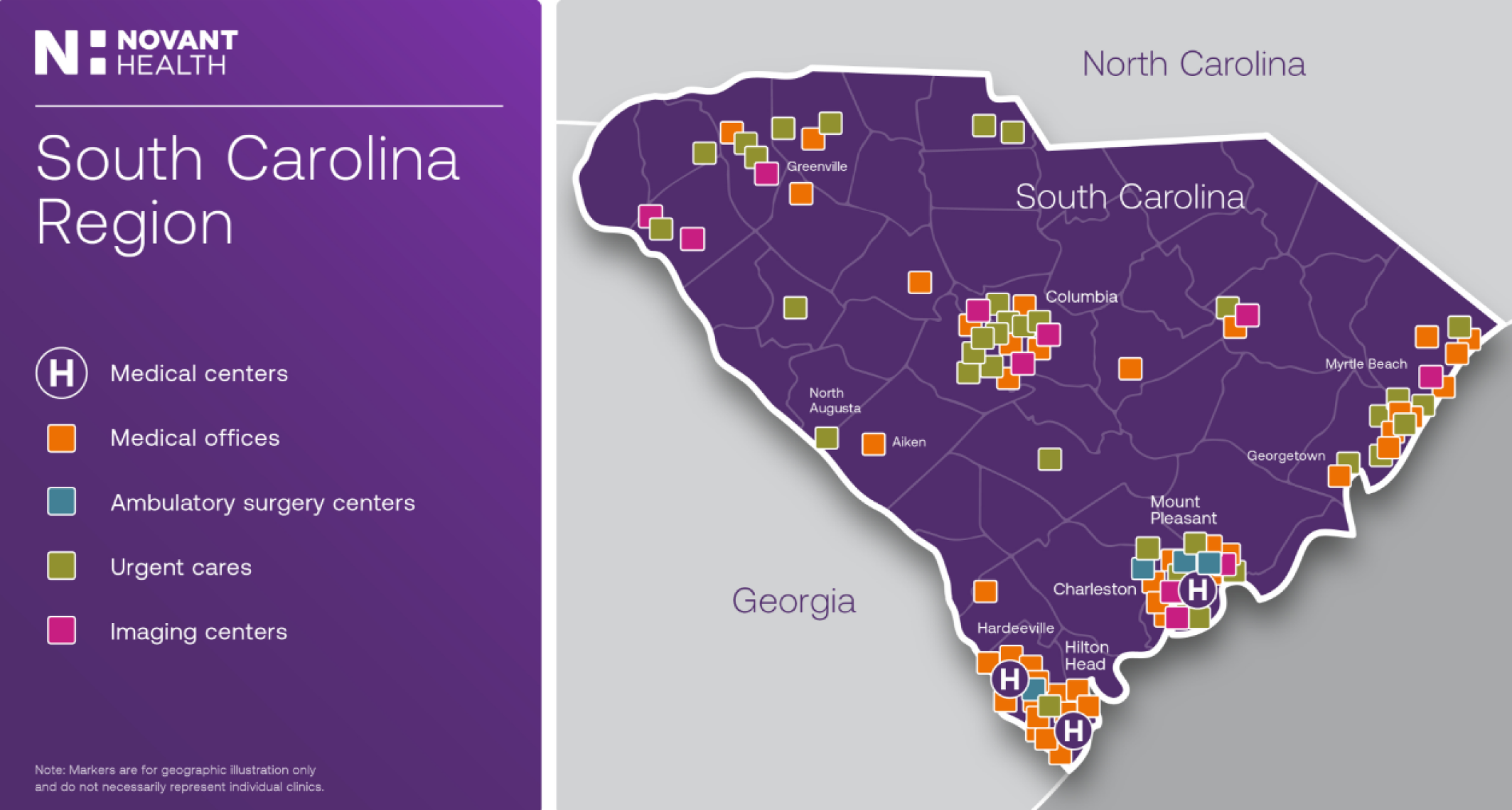 Map of South Carolina Region displaying Novant Health Centers