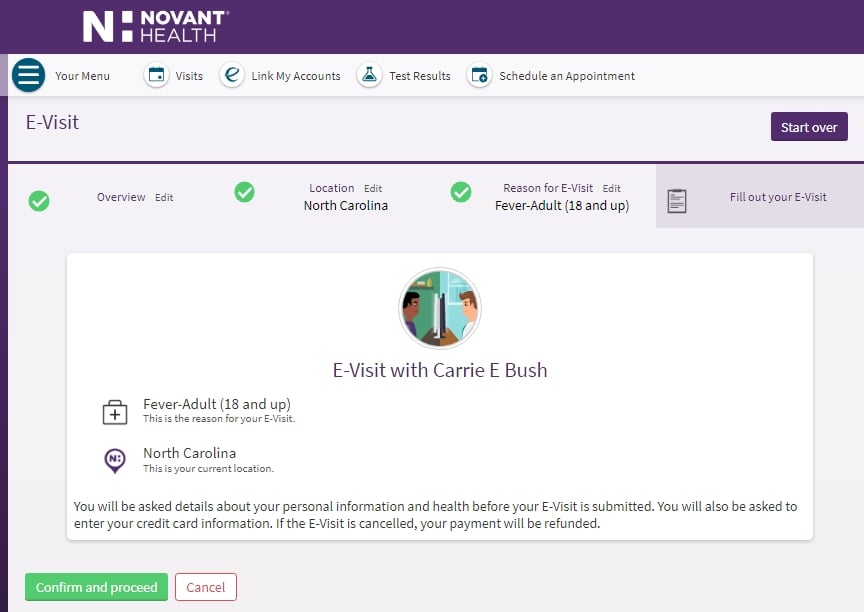 MyChart E-visit Confirm Provider Screenshot
