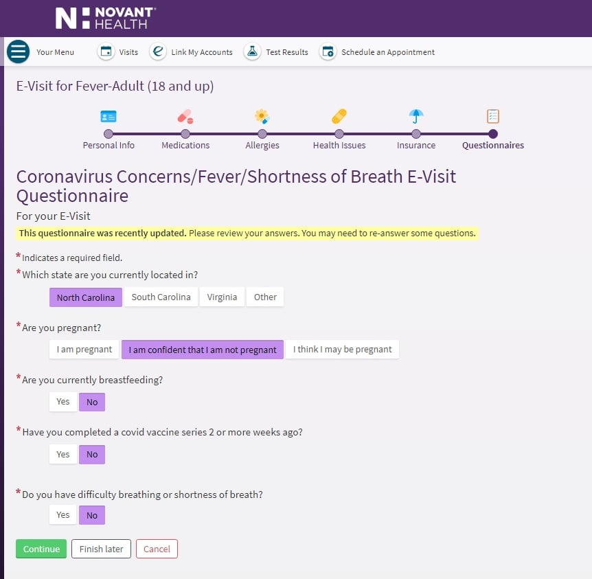 MyChart E-visit Questionnaire Screenshot