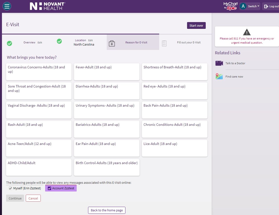 MyChart E-visit list of reasons for visit Screenshot