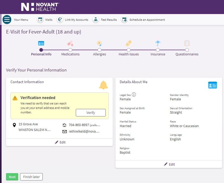 MyChart E-visit Verify Information Screenshot