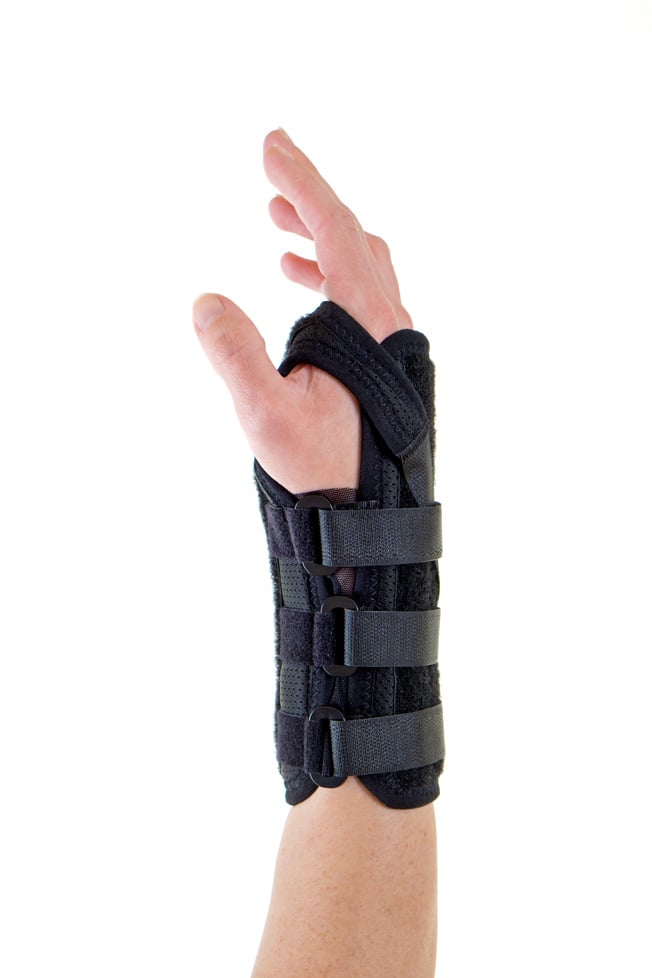 A wrist brace on a sprained wrist.